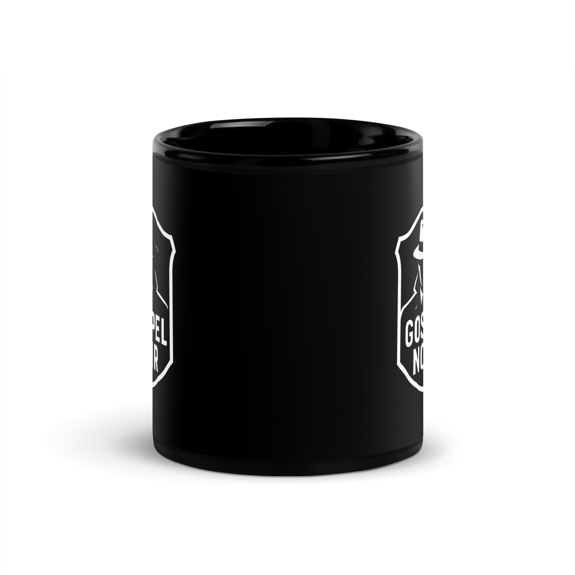 Side view of Gospel Noir black ceramic mug – minimalist white text on black ceramic