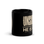 Gospel Noir Unsolved He Is Risen black Christian coffee mug side view with fingerprint cross design