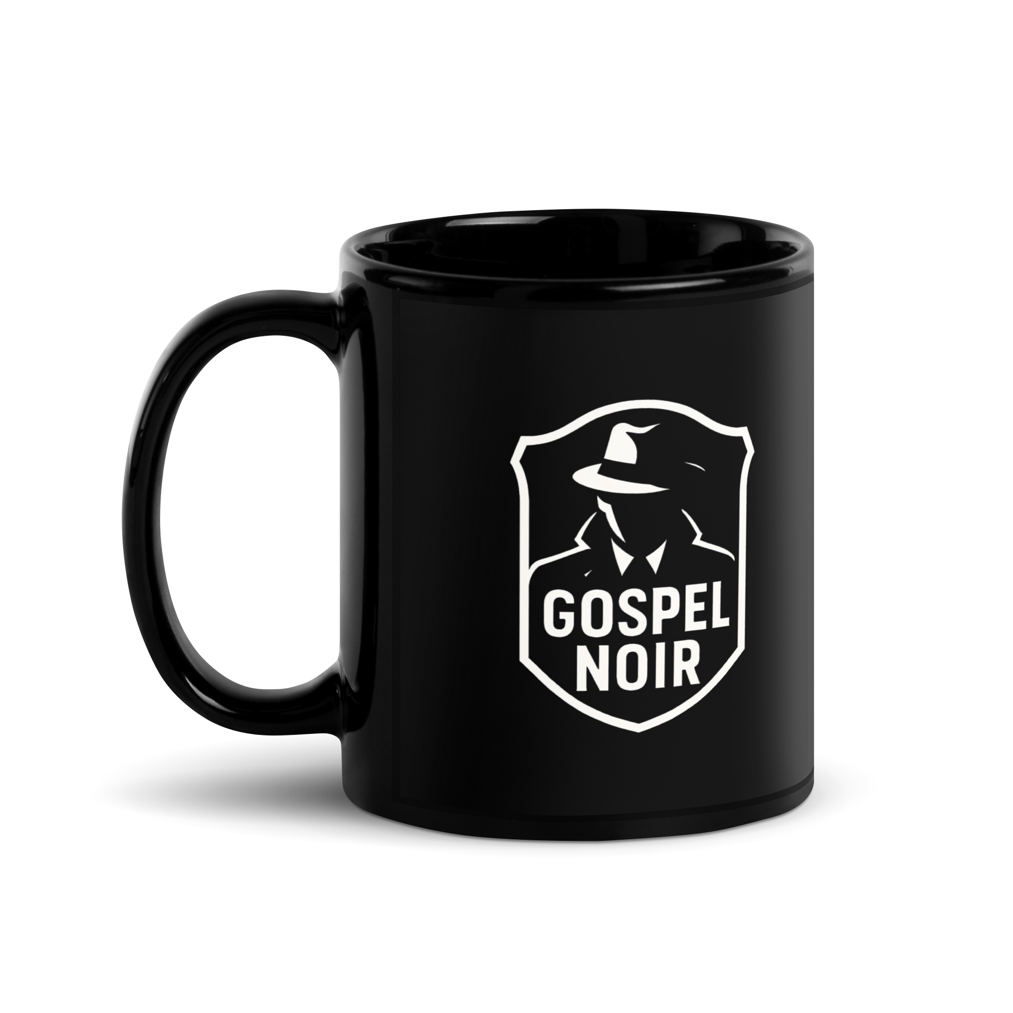 Gospel Noir ceramic mug – black with white logo on front, Heavenly Crafted