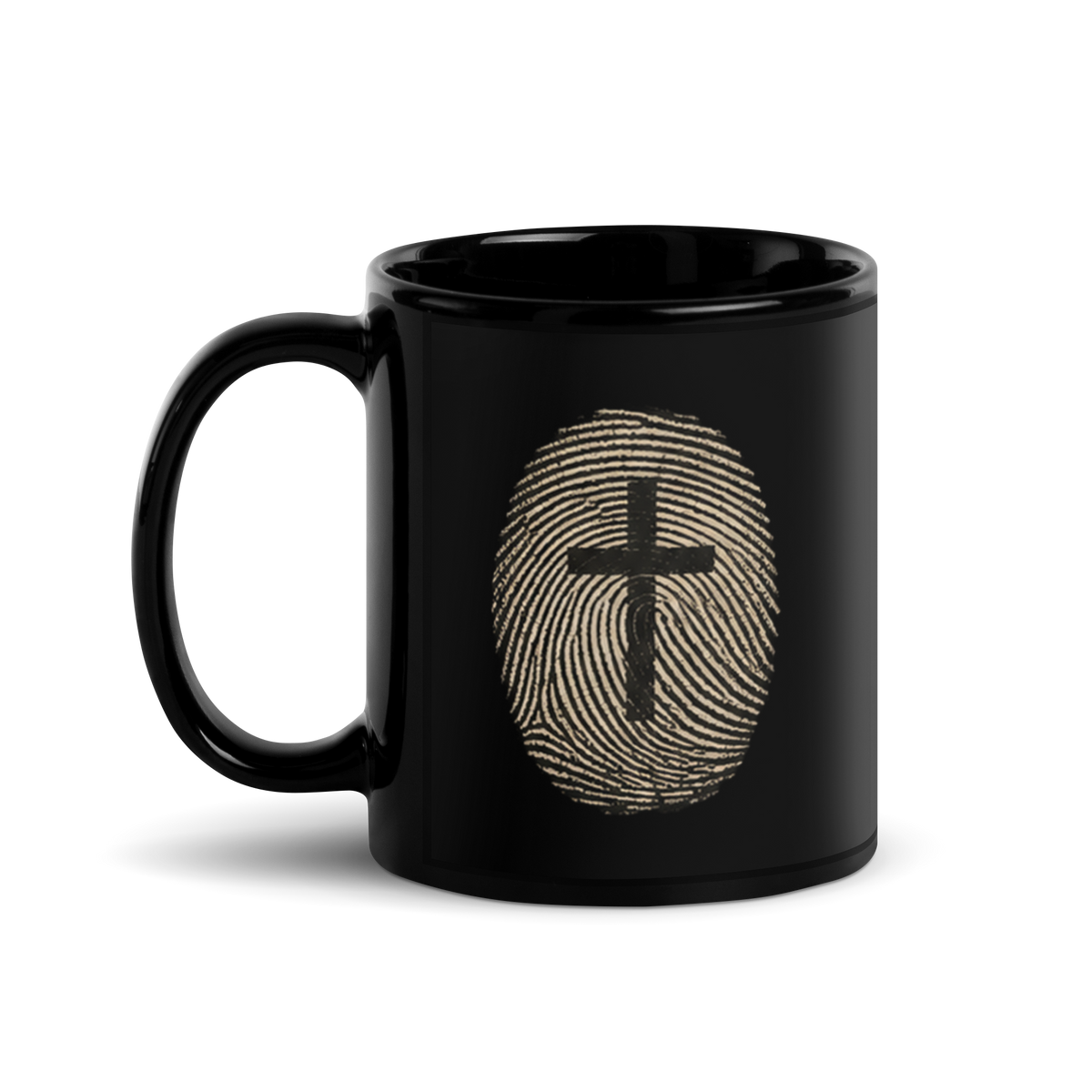 Gospel Noir Unsolved He Is Risen black Christian coffee mug back view with fingerprint cross design
