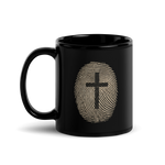 Gospel Noir Unsolved He Is Risen black Christian coffee mug back view with fingerprint cross design