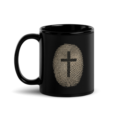Gospel Noir Unsolved He Is Risen black Christian coffee mug back view with fingerprint cross design