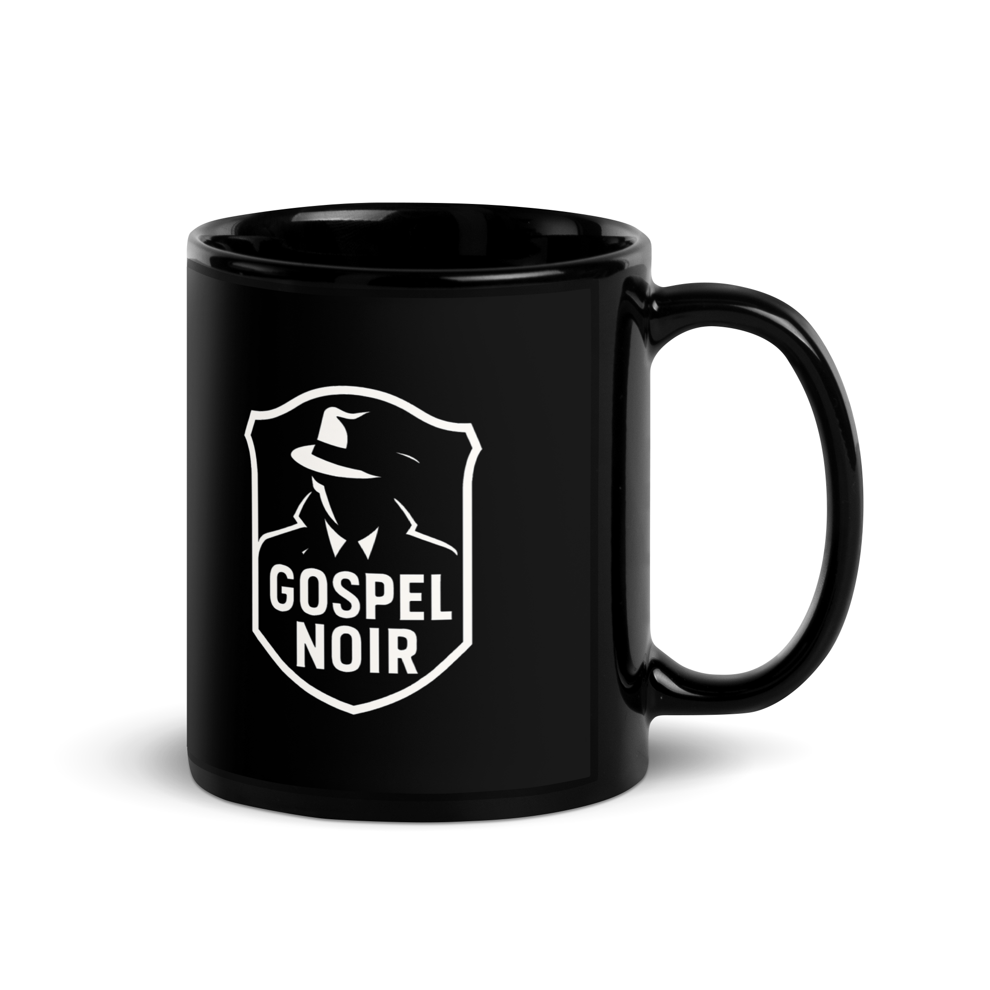 Back shot of Gospel Noir mug – black ceramic with white double-sided Gospel Noir logo