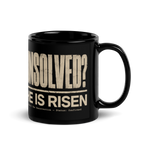 Gospel Noir Unsolved He Is Risen black Christian coffee mug front view with fingerprint cross design