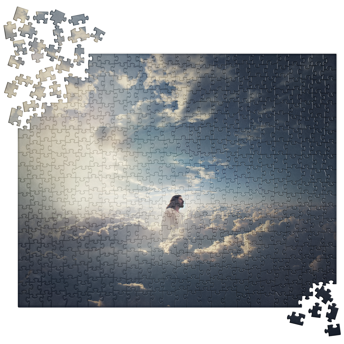 Front view of completed Jesus in Clouds puzzle