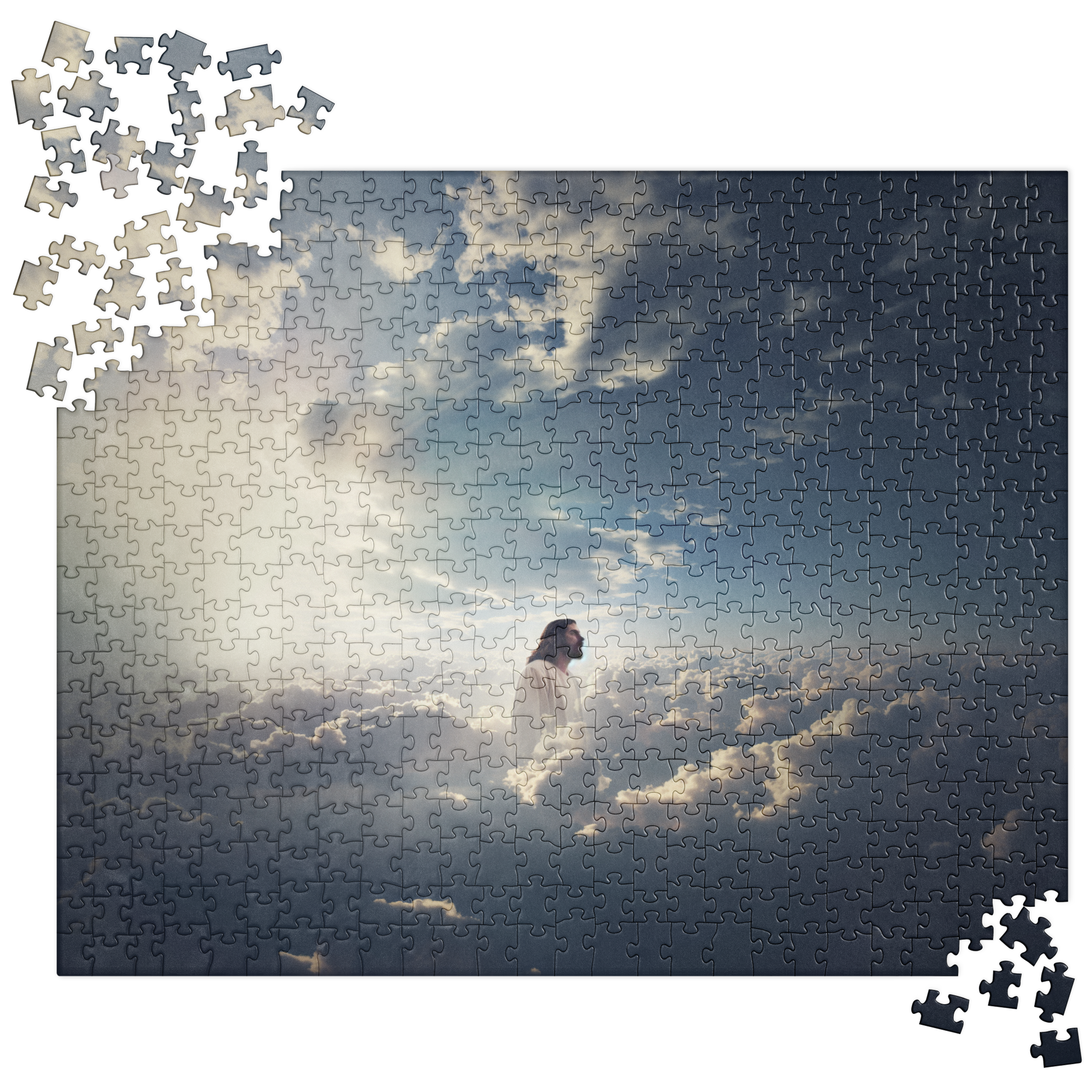 Front view of completed Jesus in Clouds puzzle