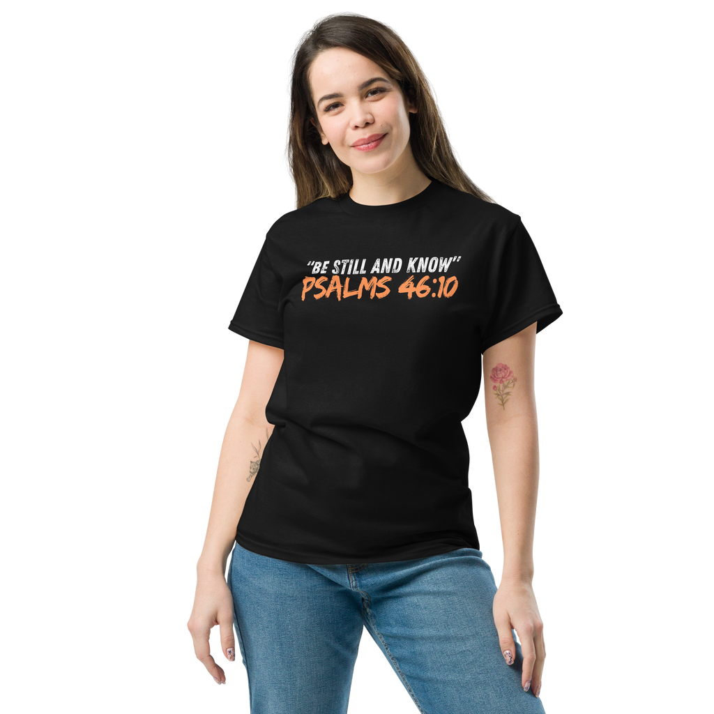 3D mockup of the 'Be Still and Know' T-shirt, inspired by Psalm 46:10, showcasing the classic fit and design. Made from 100% cotton, this spiritual tee offers a comforting reminder of God's presence, perfect for casual wear or layering. Ideal for faith-based fashion and inspirational apparel enthusiasts.