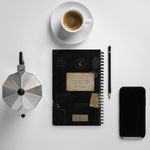 Gospel Noir Investigation Notes Christian spiral notebook back cover with vintage archive styling Mock up with coffee phone and pencil