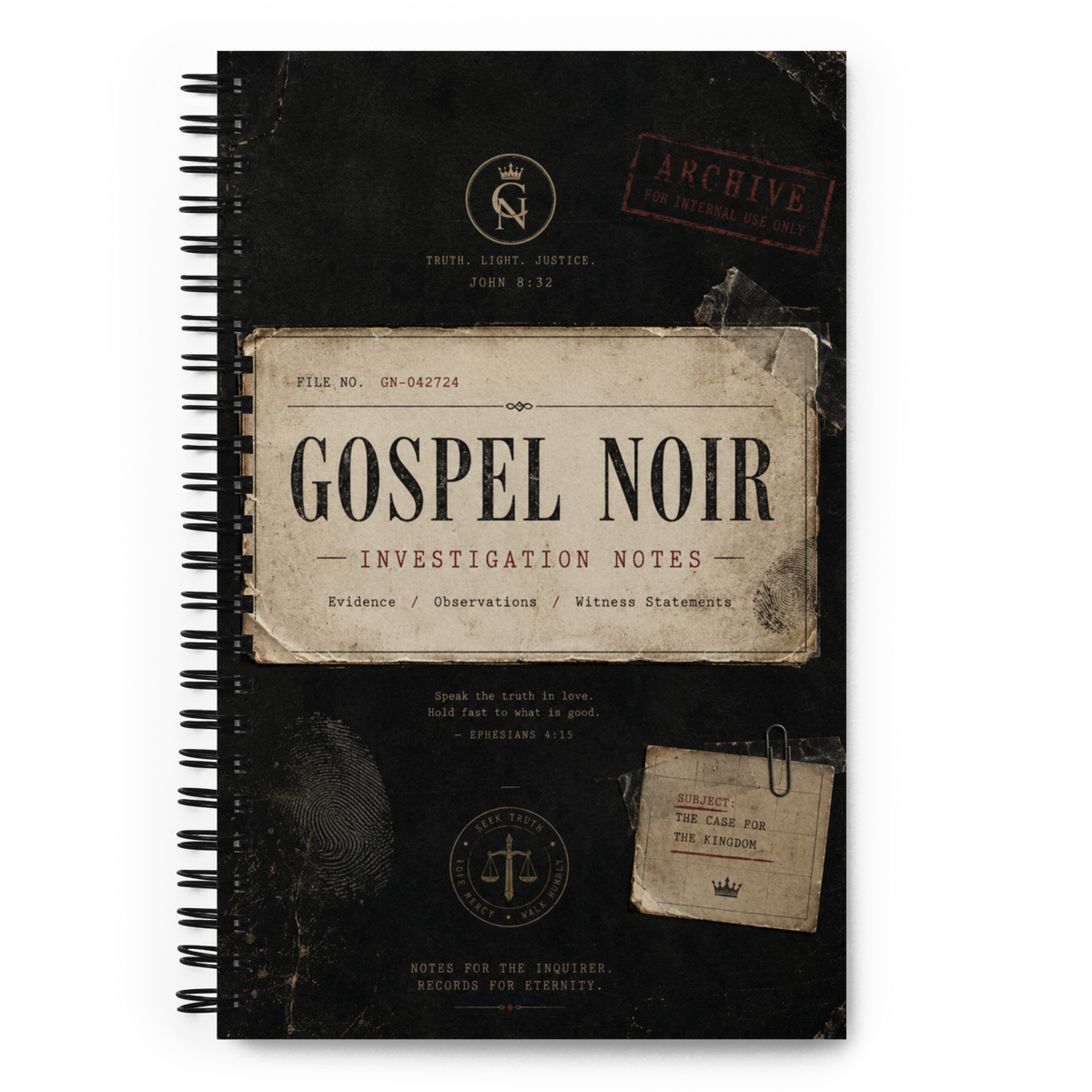 Gospel Noir Investigation Notes spiral notebook front cover with black archive case-file design
