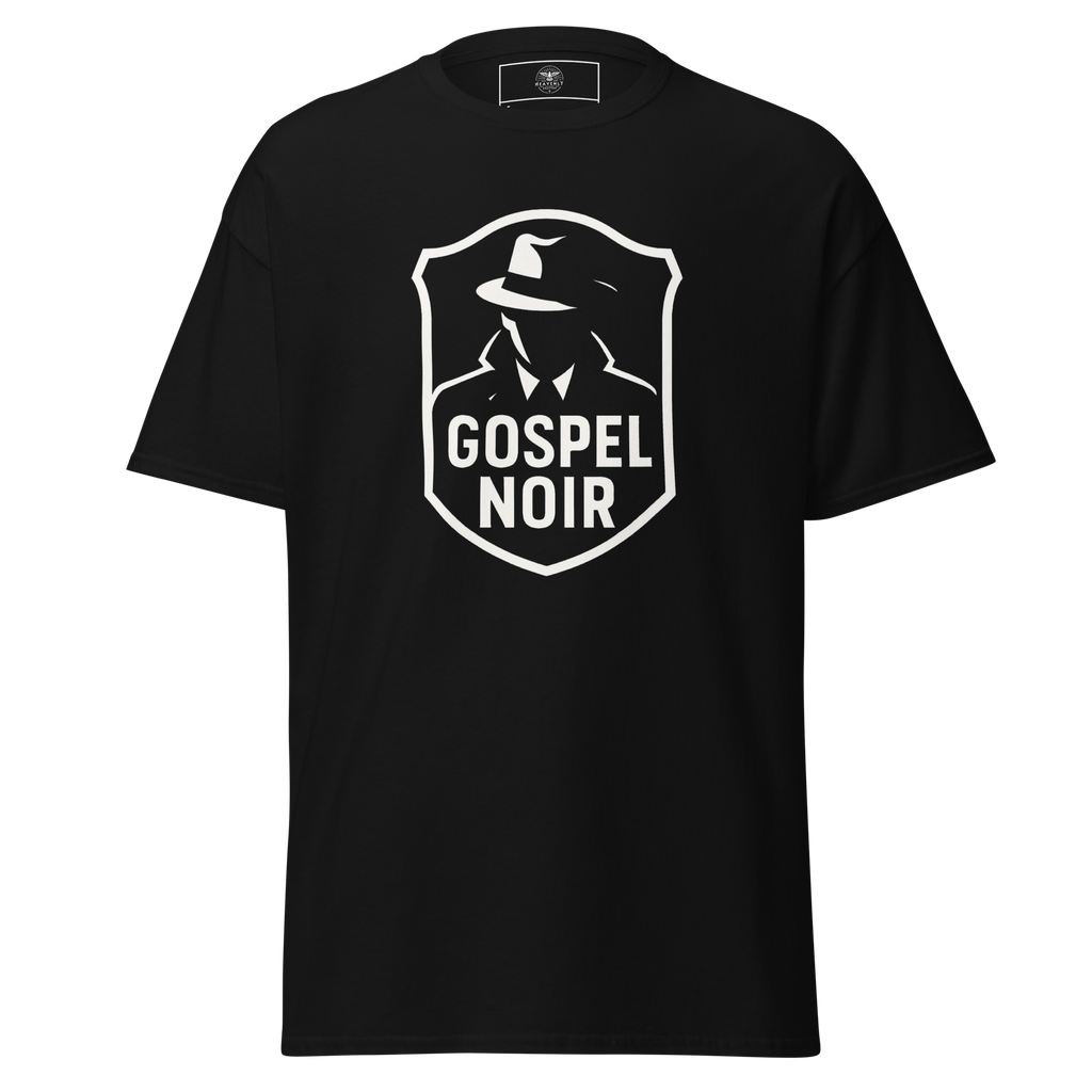 Gospel Noir black cotton t‑shirt – front view with white Gospel Noir logo (Heavenly Crafted) 3D mockup of Gospel Noir black cotton t‑shirt – front view with bold white logo