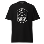 Gospel Noir black cotton t‑shirt – front view with white Gospel Noir logo (Heavenly Crafted) 3D mockup of Gospel Noir black cotton t‑shirt – front view with bold white logo