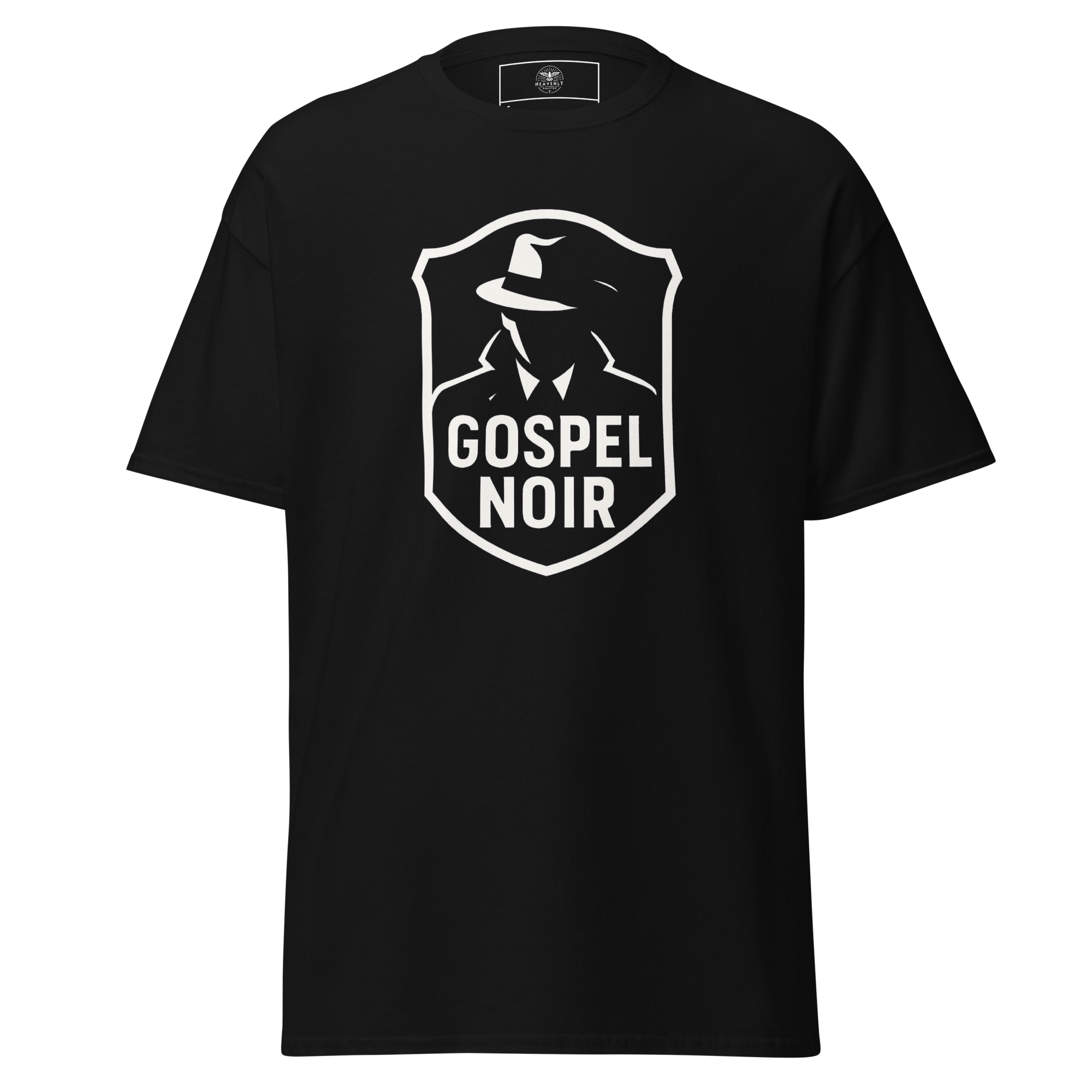 Gospel Noir black cotton t‑shirt – front view with white Gospel Noir logo (Heavenly Crafted) 3D mockup of Gospel Noir black cotton t‑shirt – front view with bold white logo
