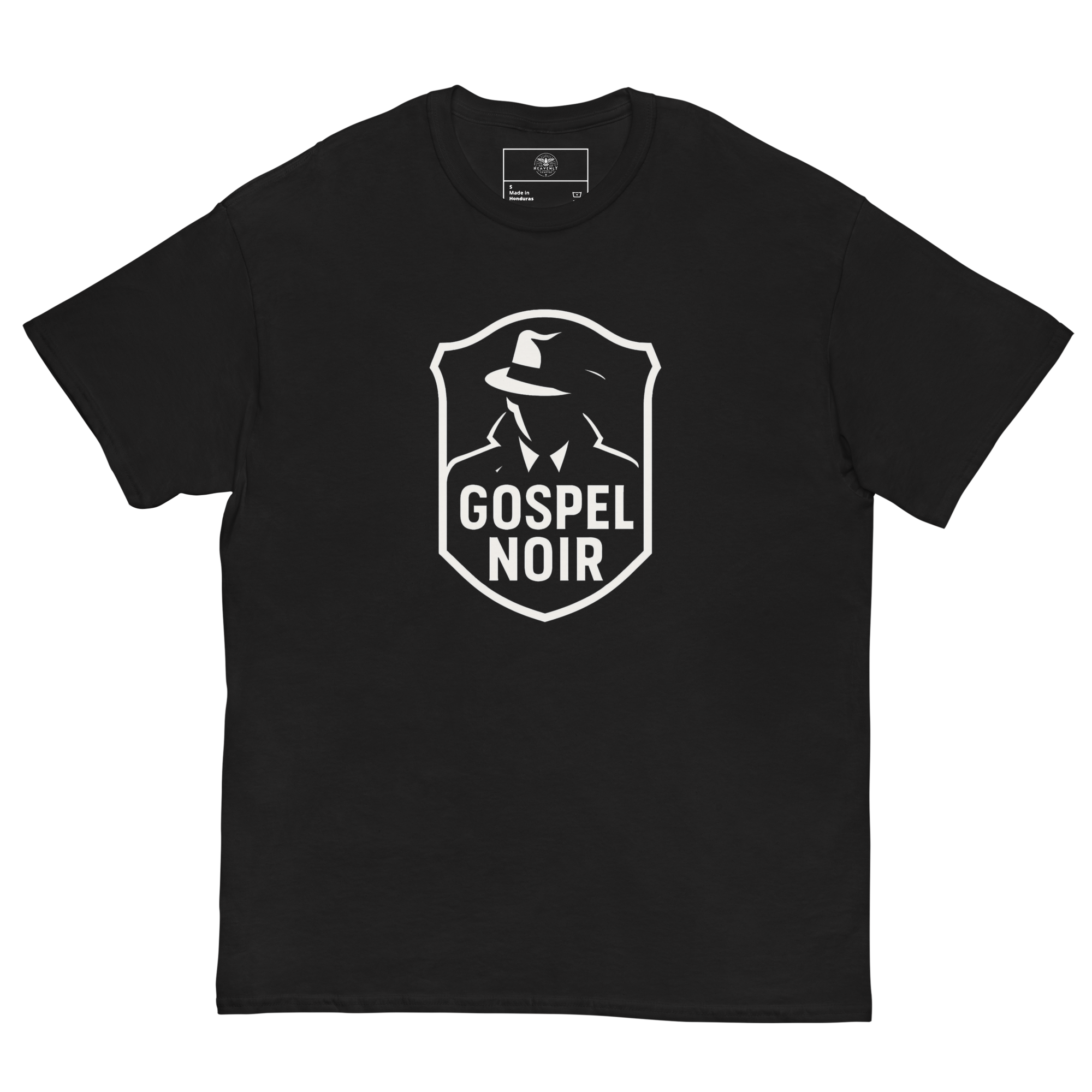 Flat lay Gospel Noir black cotton tee – front facing logo, Heavenly Crafted