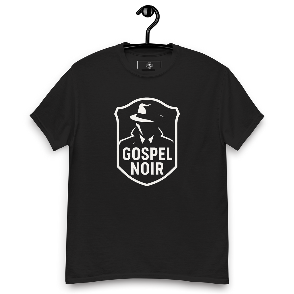 Gospel Noir black tee on hanger – unisex shirt front design, Heavenly Crafted