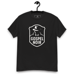 Gospel Noir black tee on hanger – unisex shirt front design, Heavenly Crafted