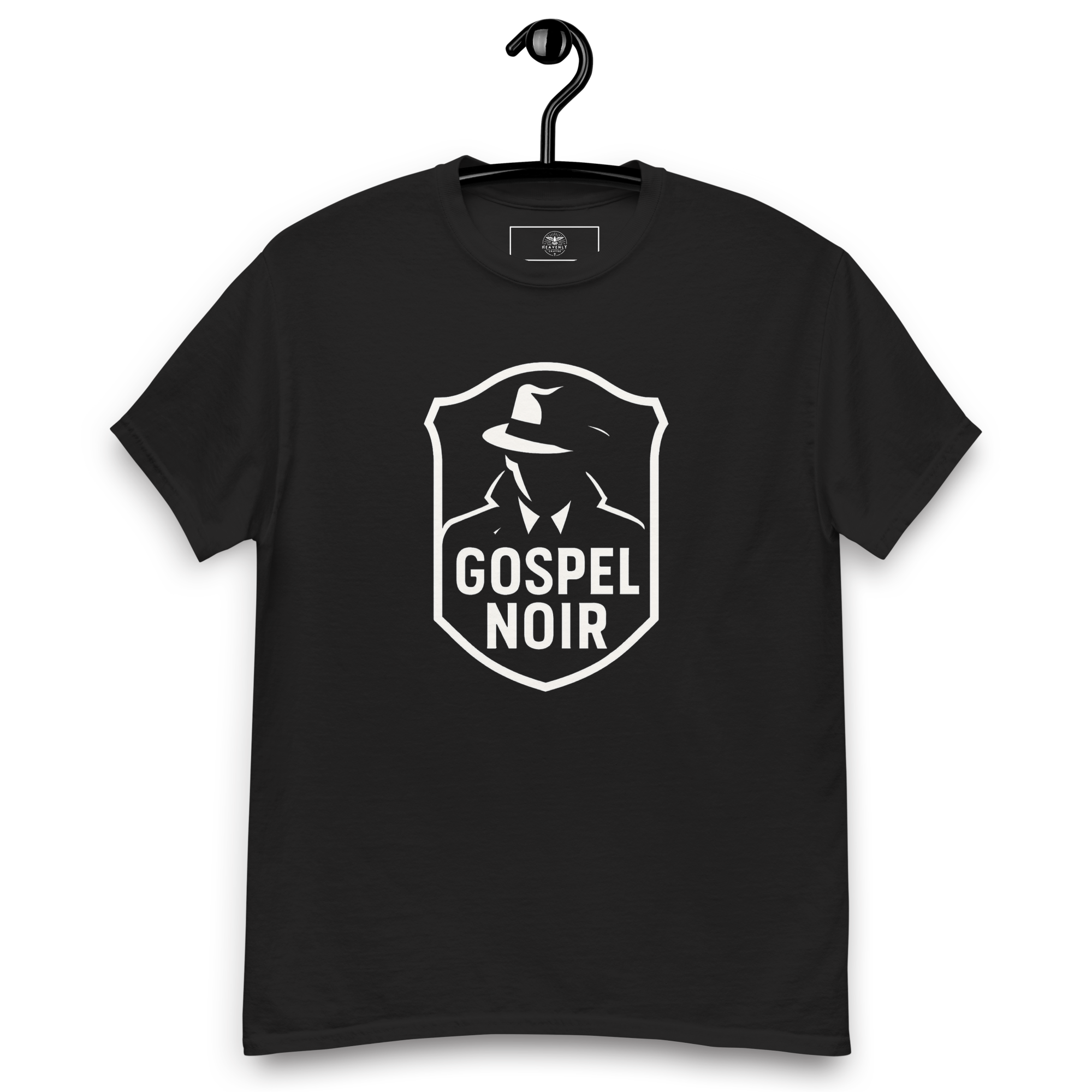Gospel Noir black tee on hanger – unisex shirt front design, Heavenly Crafted