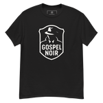 Wrinkled Gospel Noir black t‑shirt front – textured cotton with white logo