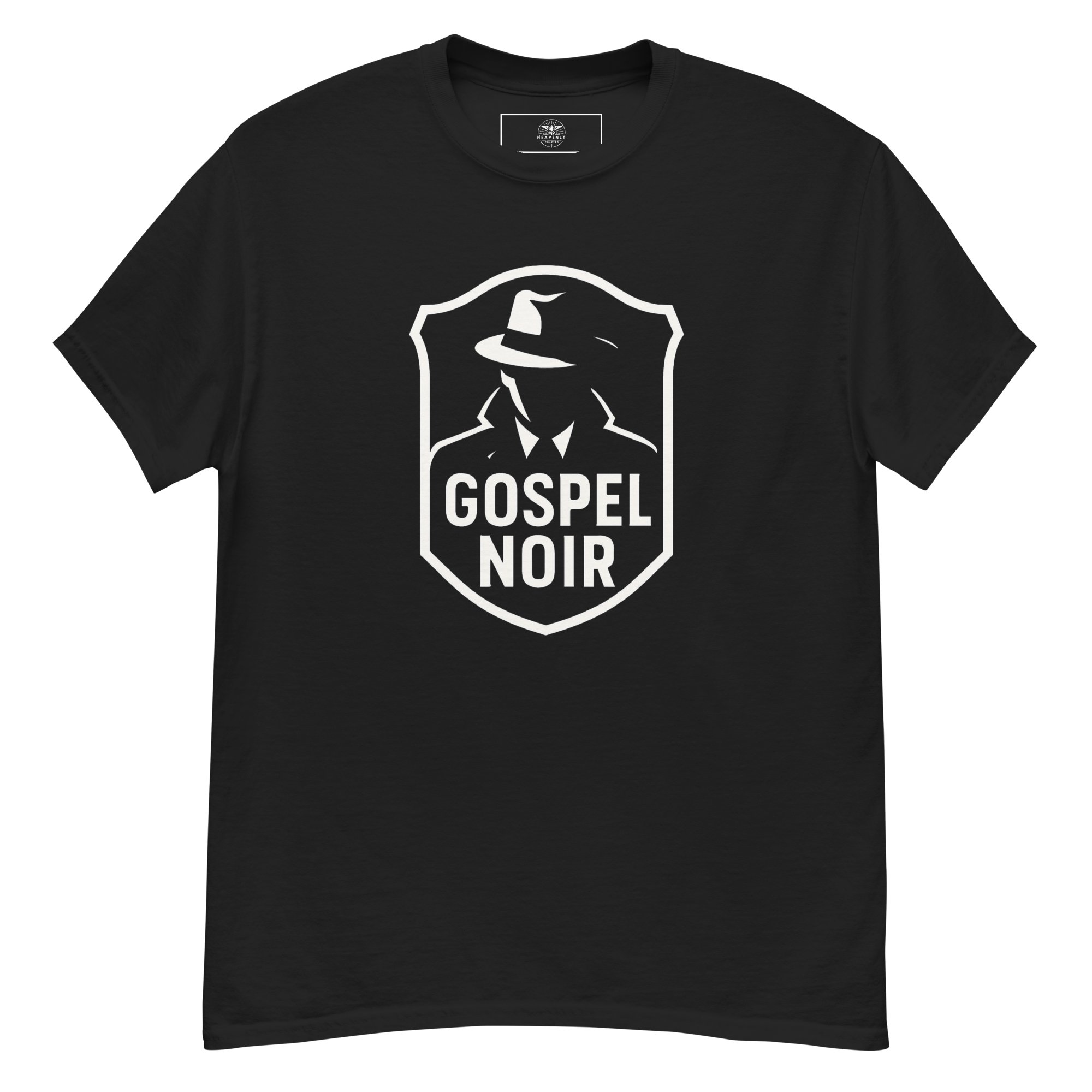Wrinkled Gospel Noir black t‑shirt front – textured cotton with white logo