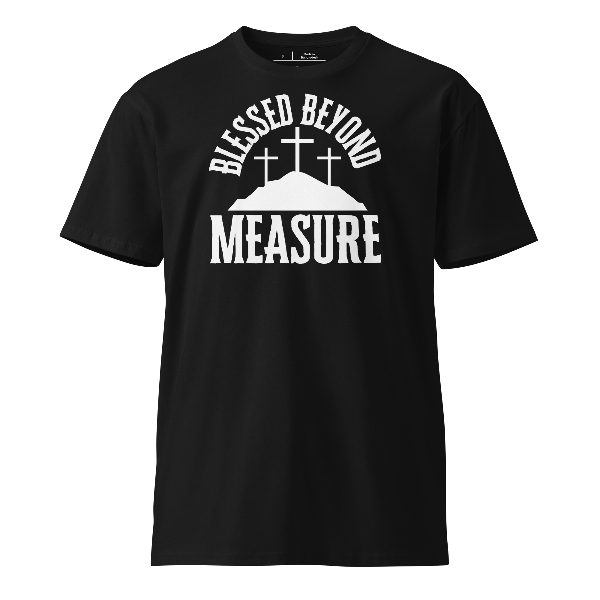 Front view of the 'Blessed Beyond Measure' T-shirt in black with bold white lettering.