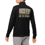 Gospel Noir Pullover Black Zip up Sweatshirt "Unsolved He is Risen" Mock up Model shot BACK BLK