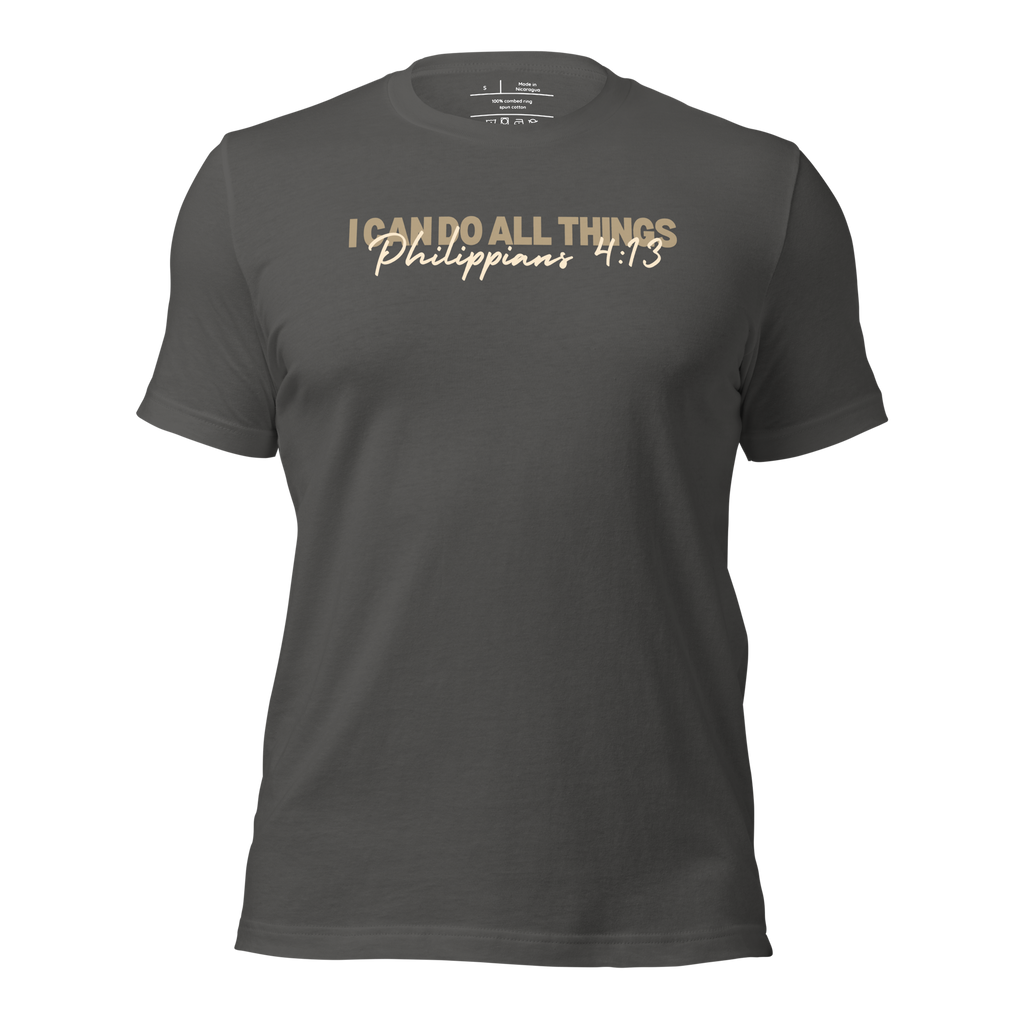 3D mockup of 'I Can Do All Things' T-shirt in Asphalt, featuring Philippians 4:13.