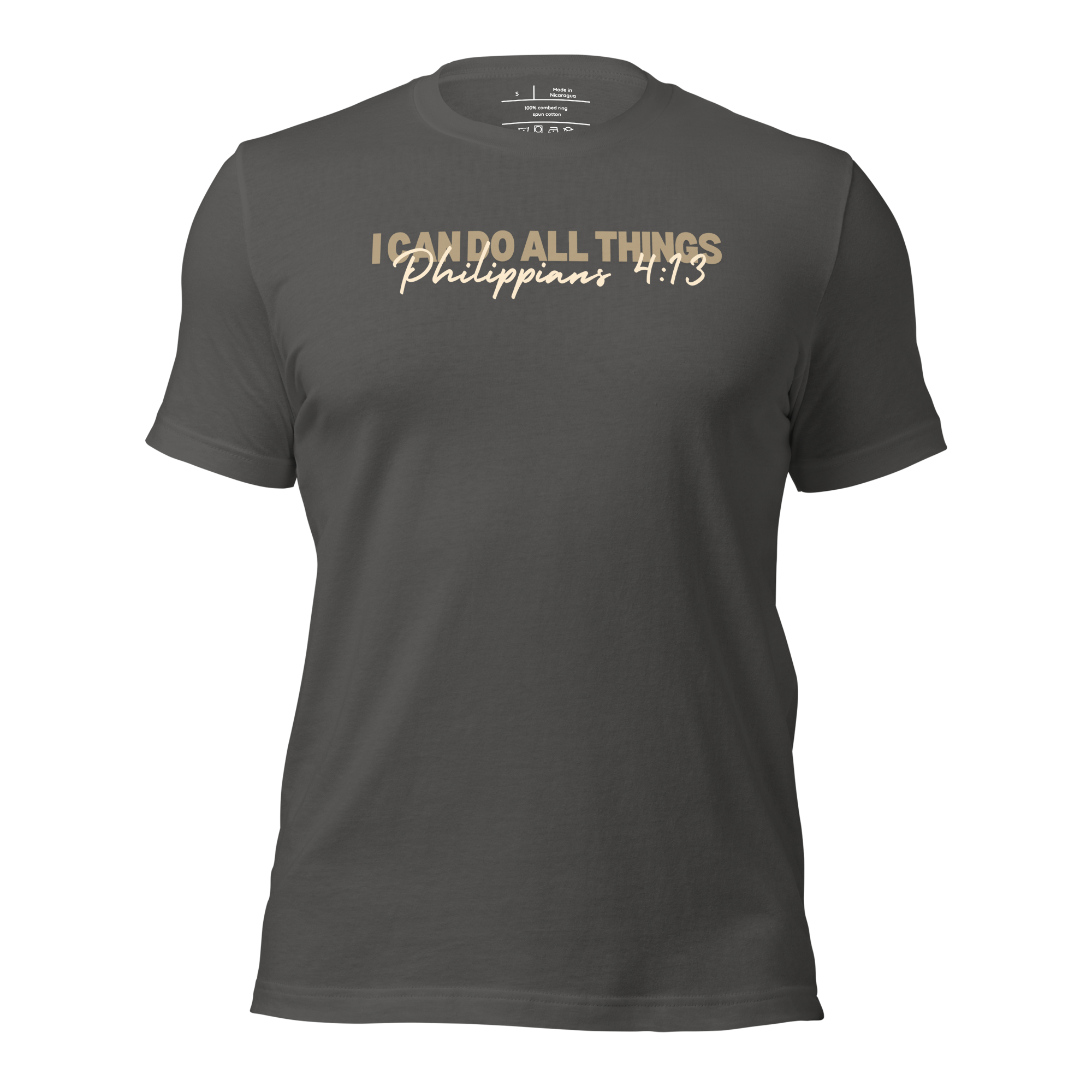 3D mockup of 'I Can Do All Things' T-shirt in Asphalt, featuring Philippians 4:13.