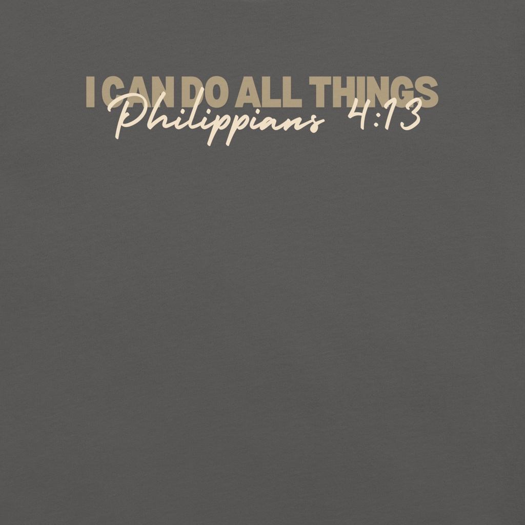 Inside label of 'I Can Do All Things' T-shirt, showing brand and care instructions.