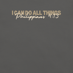 Inside label of 'I Can Do All Things' T-shirt, showing brand and care instructions.