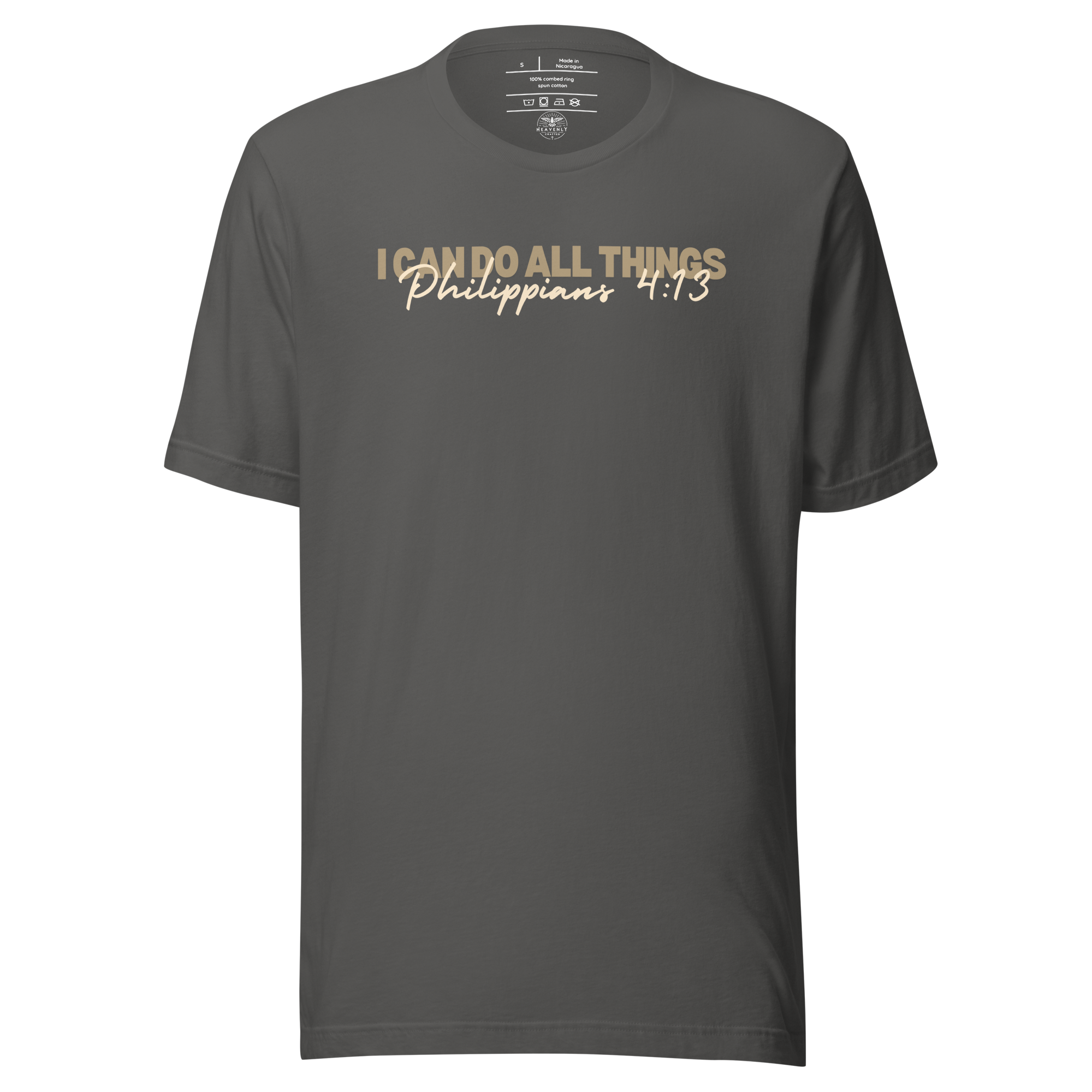 Front view of 'I Can Do All Things' T-shirt on a flat surface, Asphalt color.