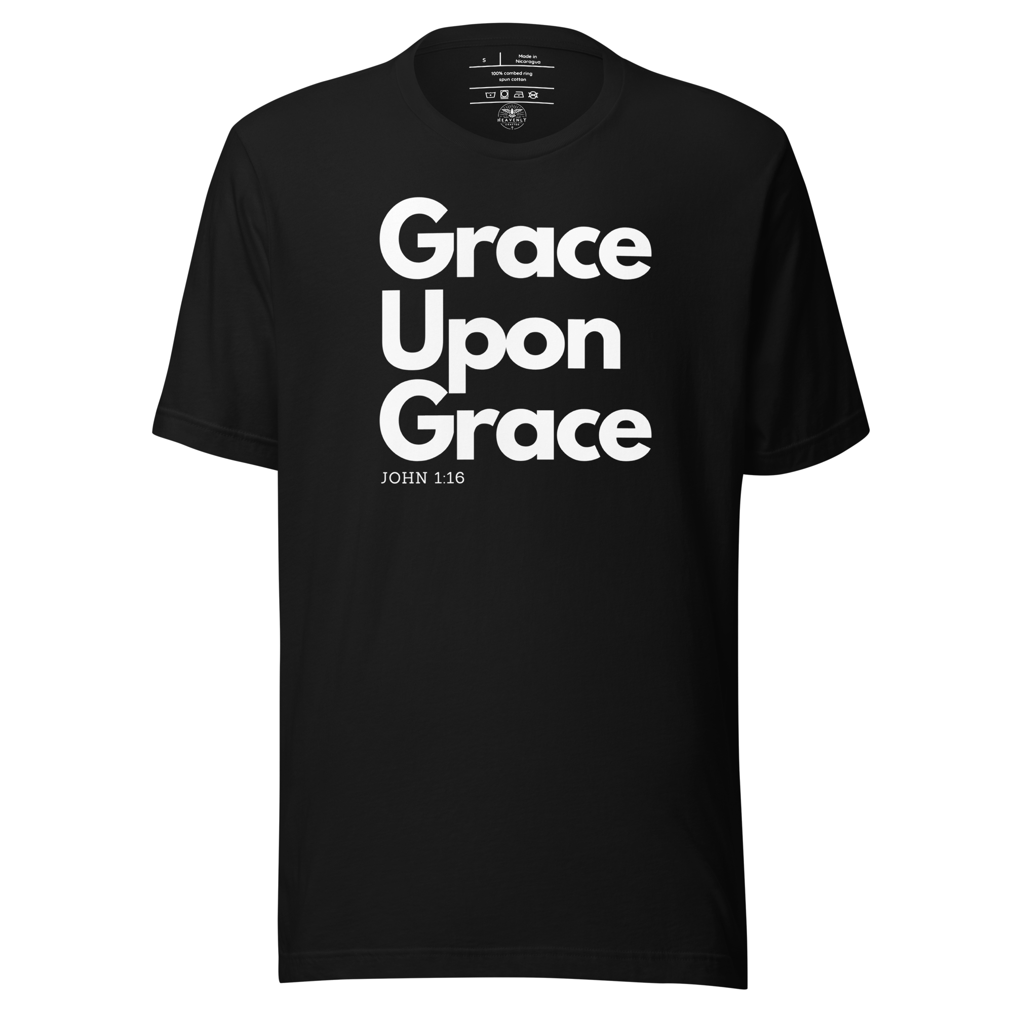 Front view of black 'Grace Upon Grace' T-shirt on a flat surface.