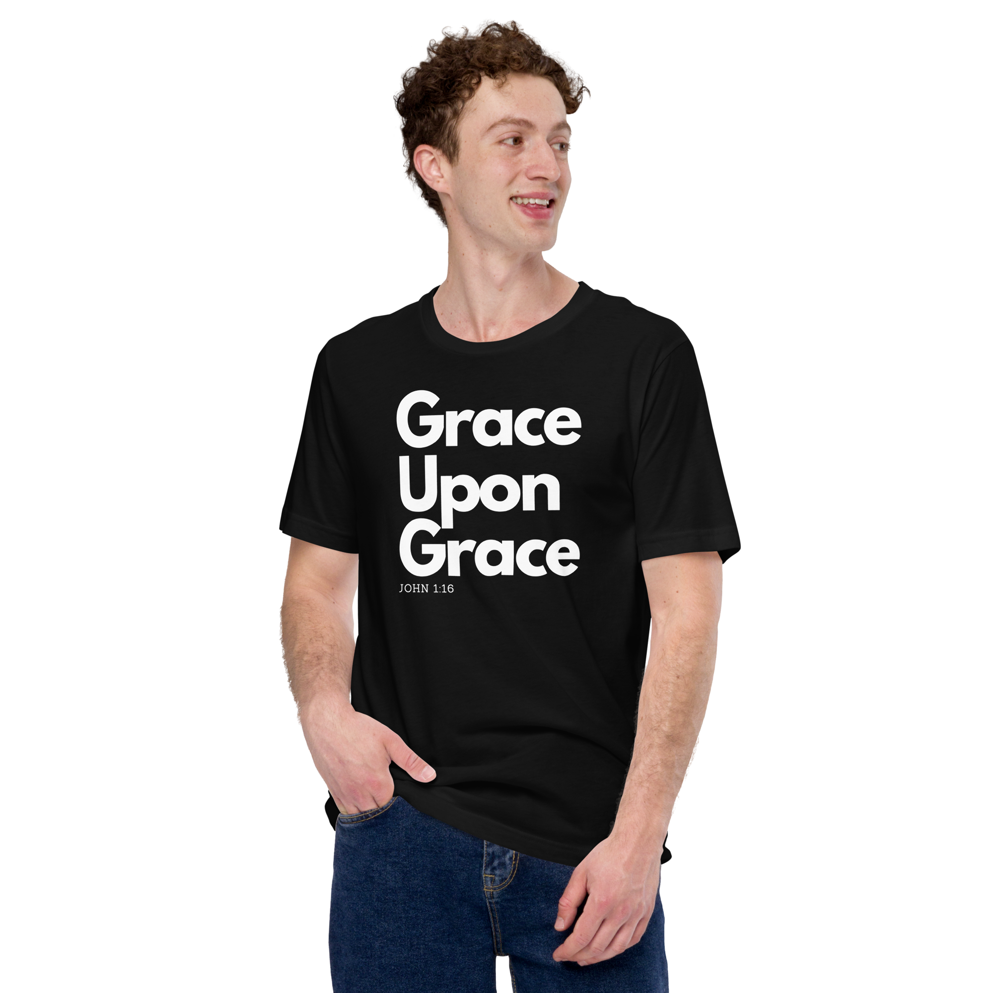 Model wearing 'Grace Upon Grace' T-shirt, three-quarter view.