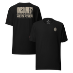 Unsolved He Is Risen black Christian t-shirt front and back mockup