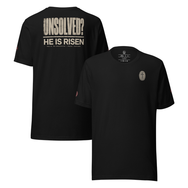 Unsolved He Is Risen black Christian t-shirt front and back mockup