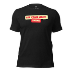 3D mockup of the 'Let Your Light Shine' T-shirt in Black Heather, featuring bold bubble lettering inspired by Matthew 5:16. Crafted from soft, breathable cotton, this shirt makes a stylish and faith-filled statement.