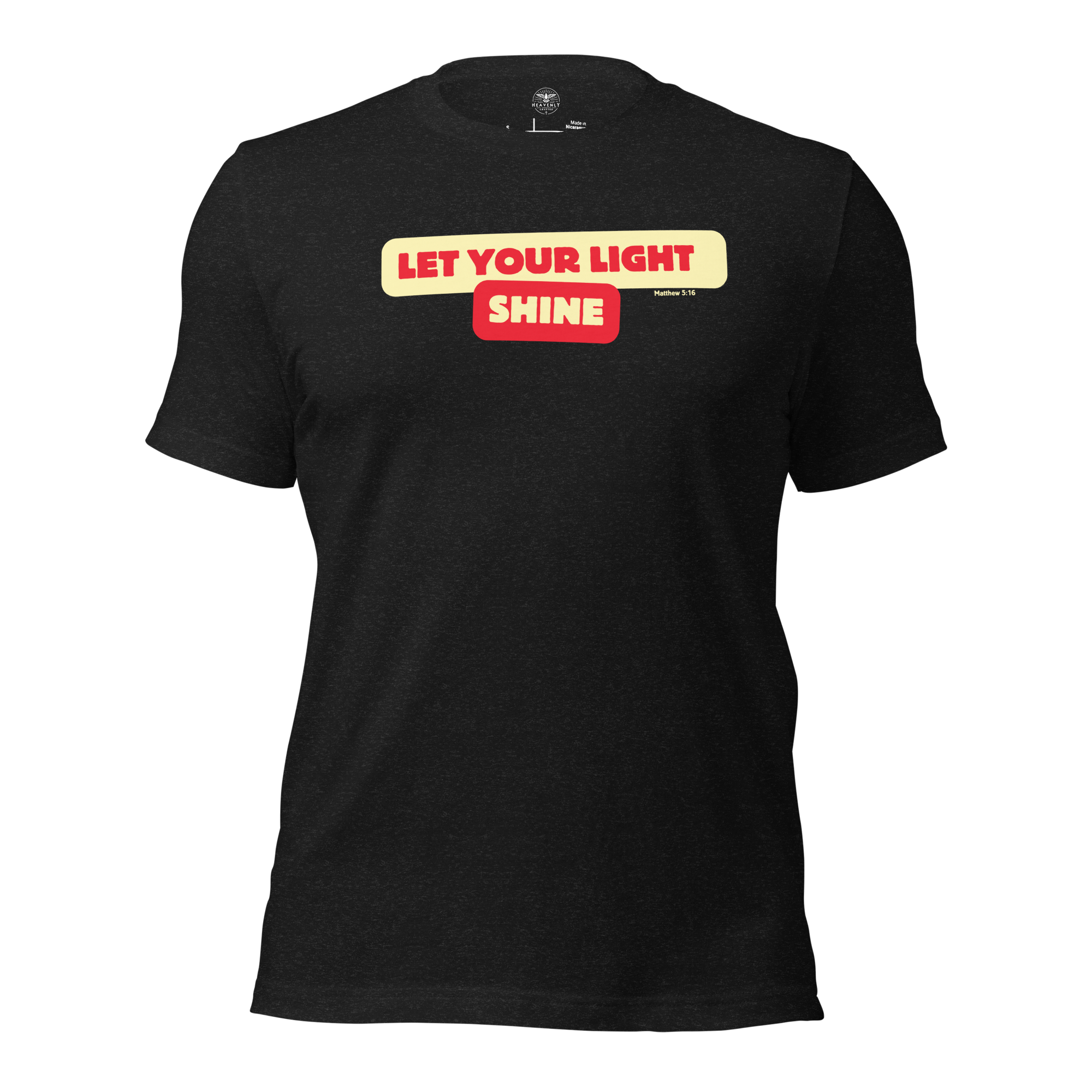 3D mockup of the 'Let Your Light Shine' T-shirt in Black Heather, featuring bold bubble lettering inspired by Matthew 5:16. Crafted from soft, breathable cotton, this shirt makes a stylish and faith-filled statement.