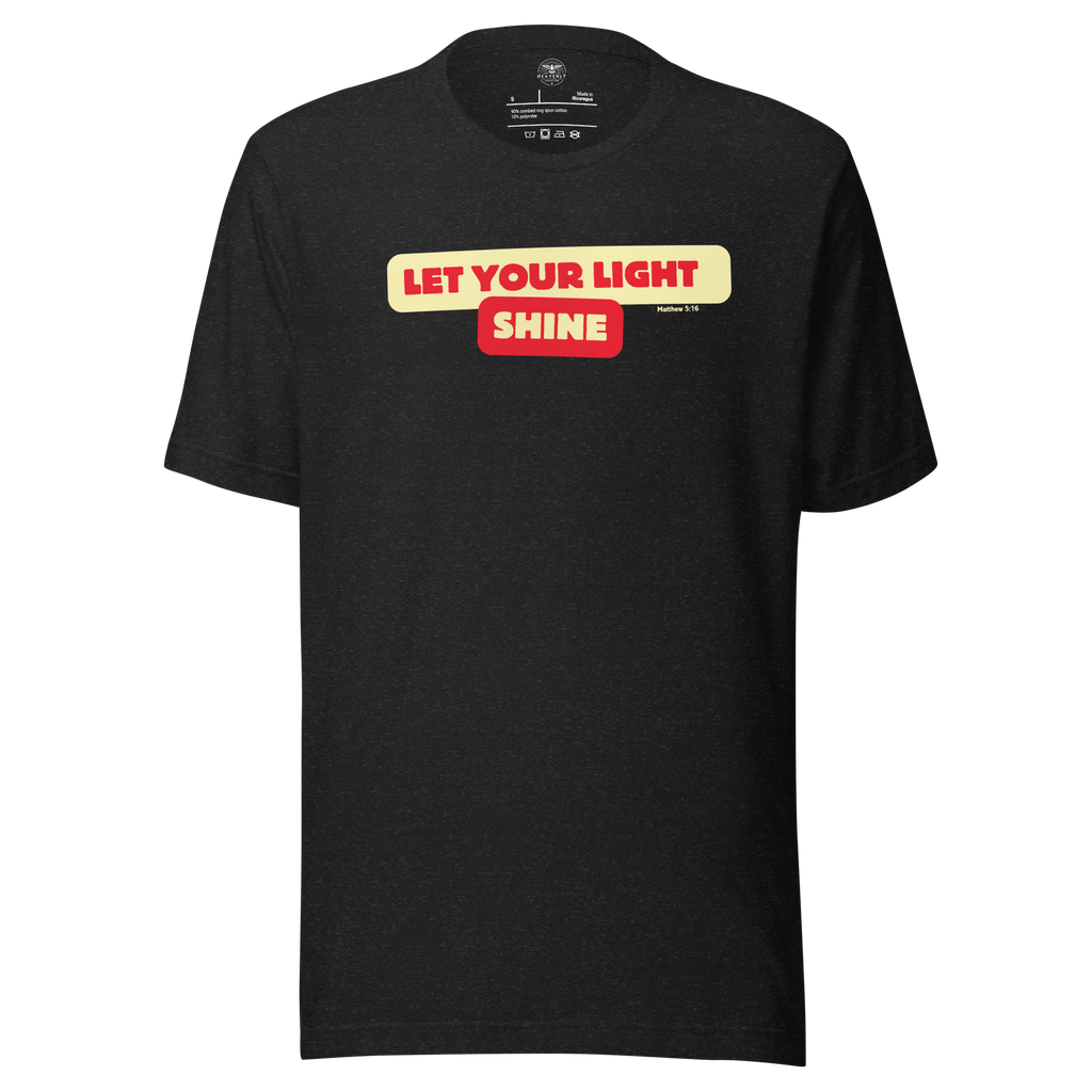 Folded Black Heather T-shirt featuring 'Let Your Light Shine' in bold yellow script. Crafted from soft, breathable cotton, this shirt combines comfort and style with an inspiring message of faith.