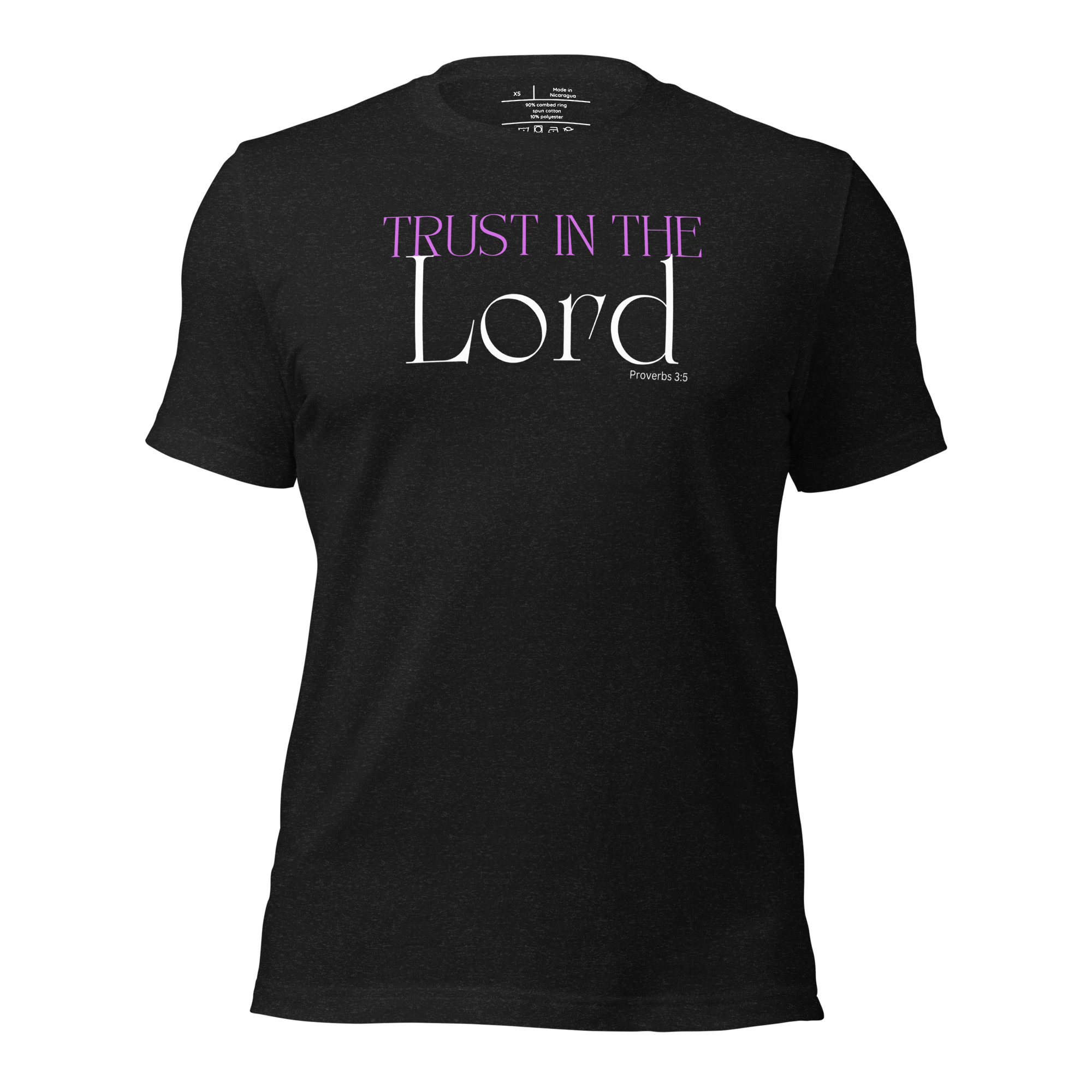 3D mockup of 'Trust in the Lord' T-shirt in Black Heather.