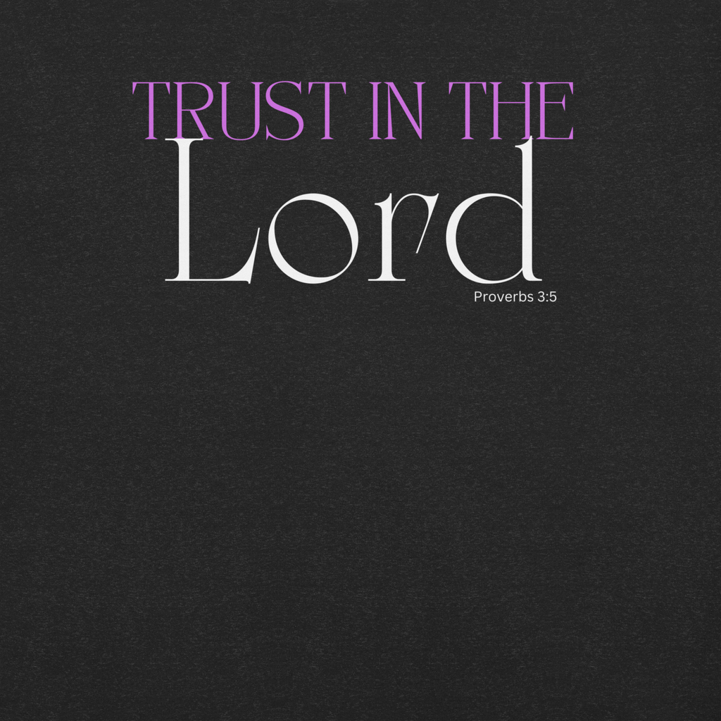 Logo stamp inside 'Trust in the Lord' T-shirt in Black Heather, showing brand and care instructions.