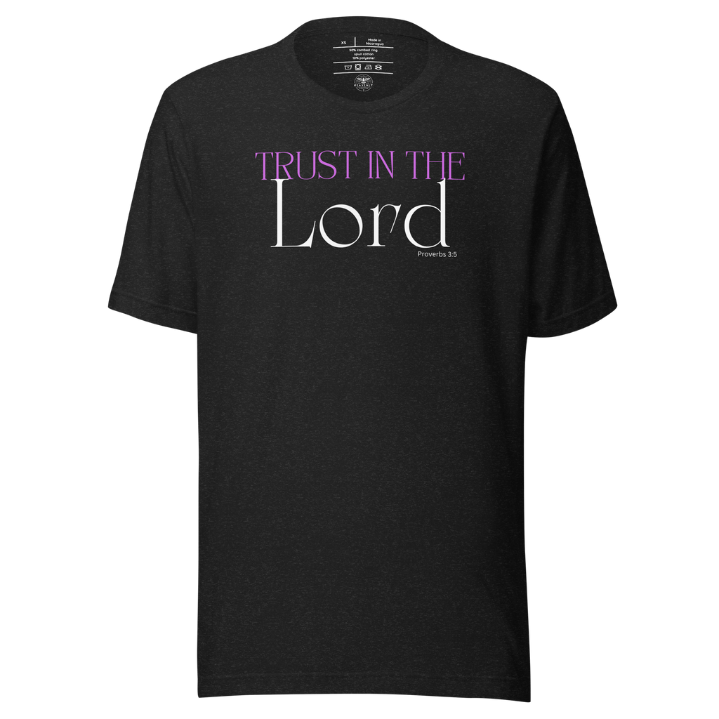 Front view of 'Trust in the Lord' T-shirt with pink and white text on Black Heather.