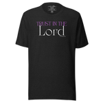 Front view of 'Trust in the Lord' T-shirt with pink and white text on Black Heather.