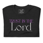 Back view of Black Heather T-shirt, plain, on a flat surface.