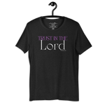 Back view of Black Heather T-shirt on a hanger, plain.