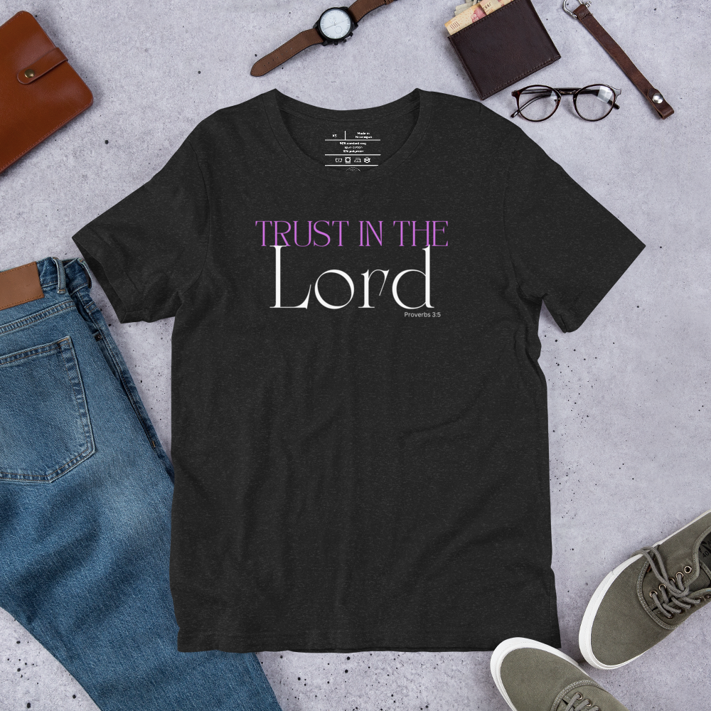 Main display mockup of 'Trust in the Lord' T-shirt in Black Heather.