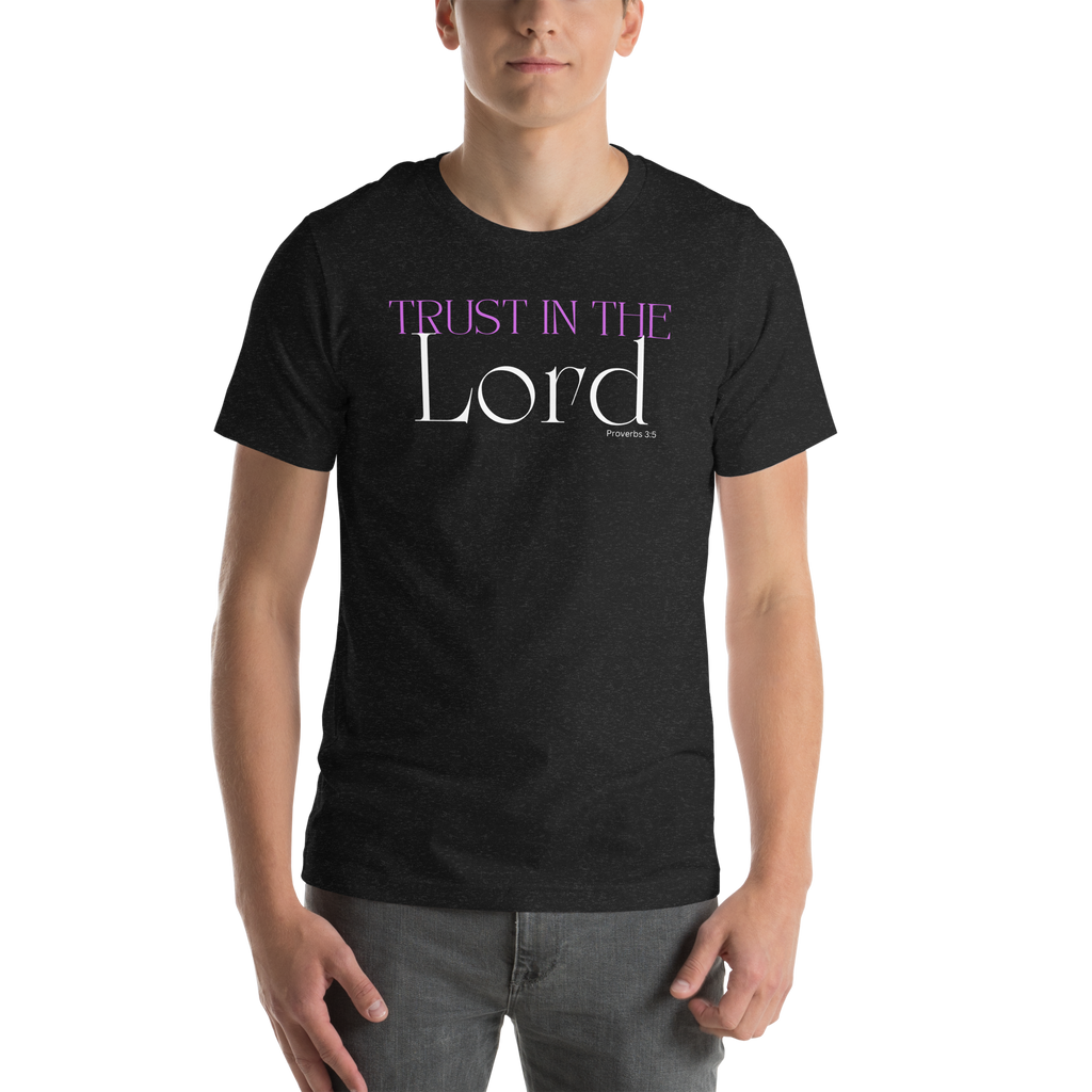 Model wearing 'Trust in the Lord' T-shirt in Black Heather Front view. Male