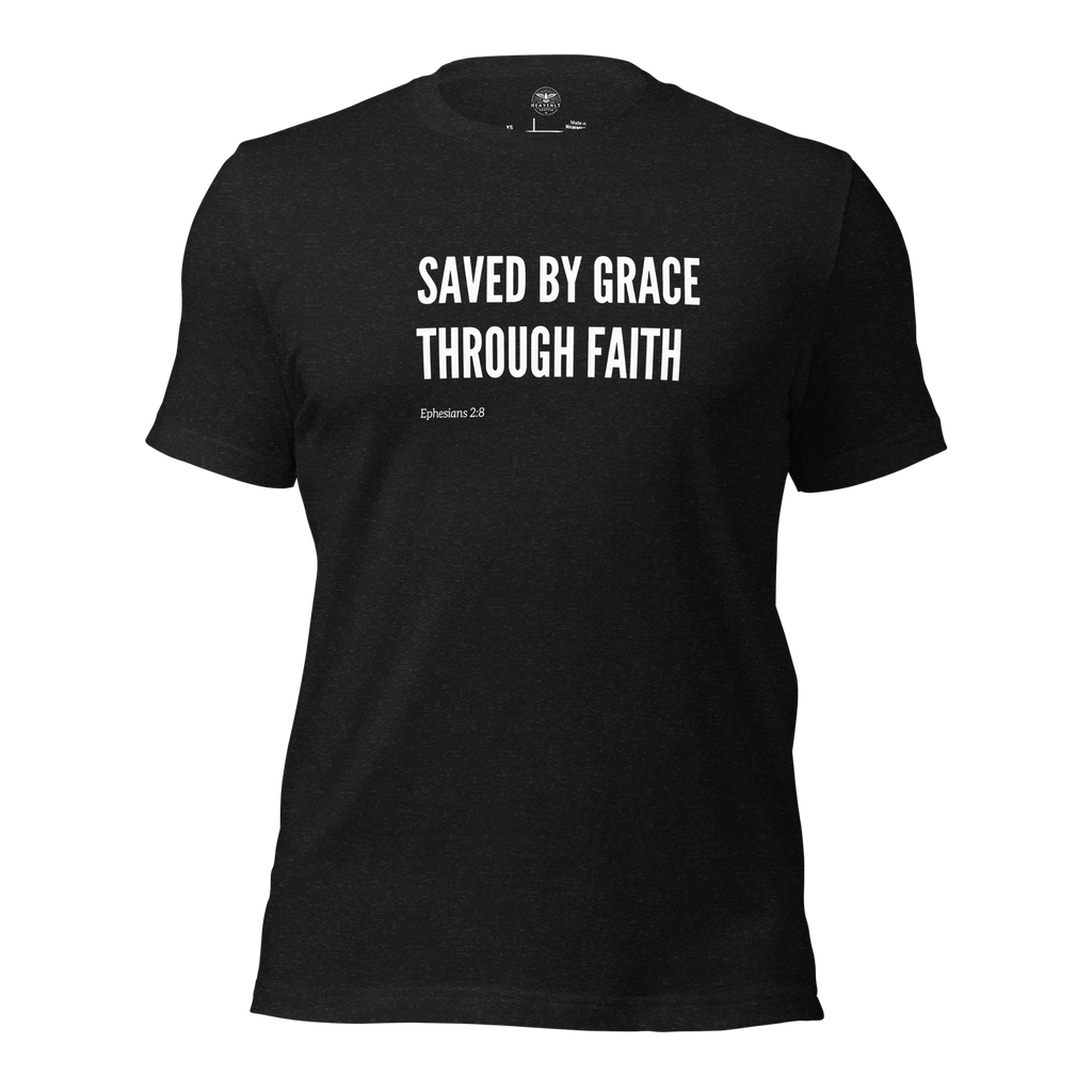 3D mockup of Black Heather 'Saved by Grace Through Faith' T-shirt.
