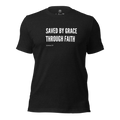 3D mockup of Black Heather 'Saved by Grace Through Faith' T-shirt.