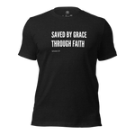 3D mockup of Black Heather 'Saved by Grace Through Faith' T-shirt.