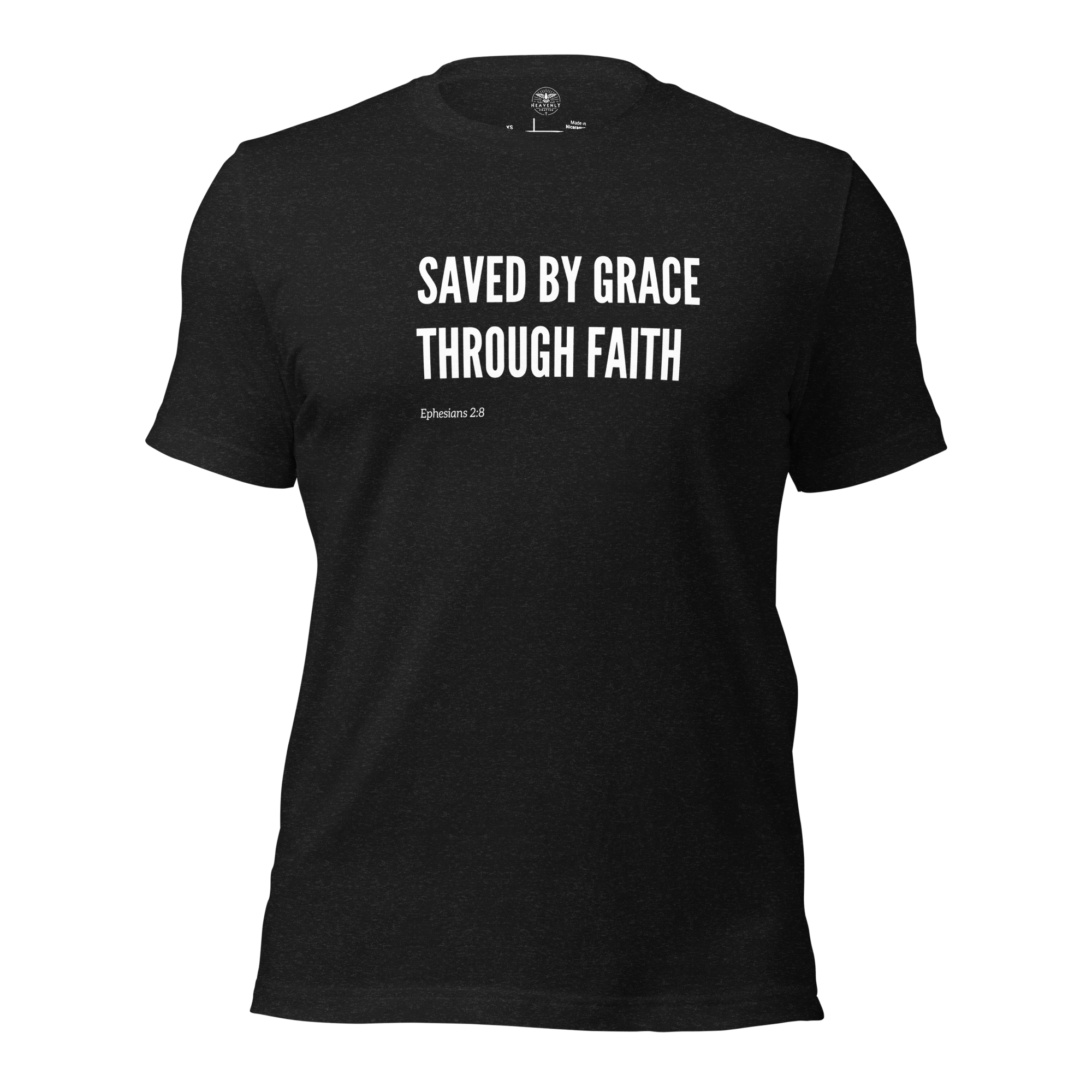 3D mockup of Black Heather 'Saved by Grace Through Faith' T-shirt.