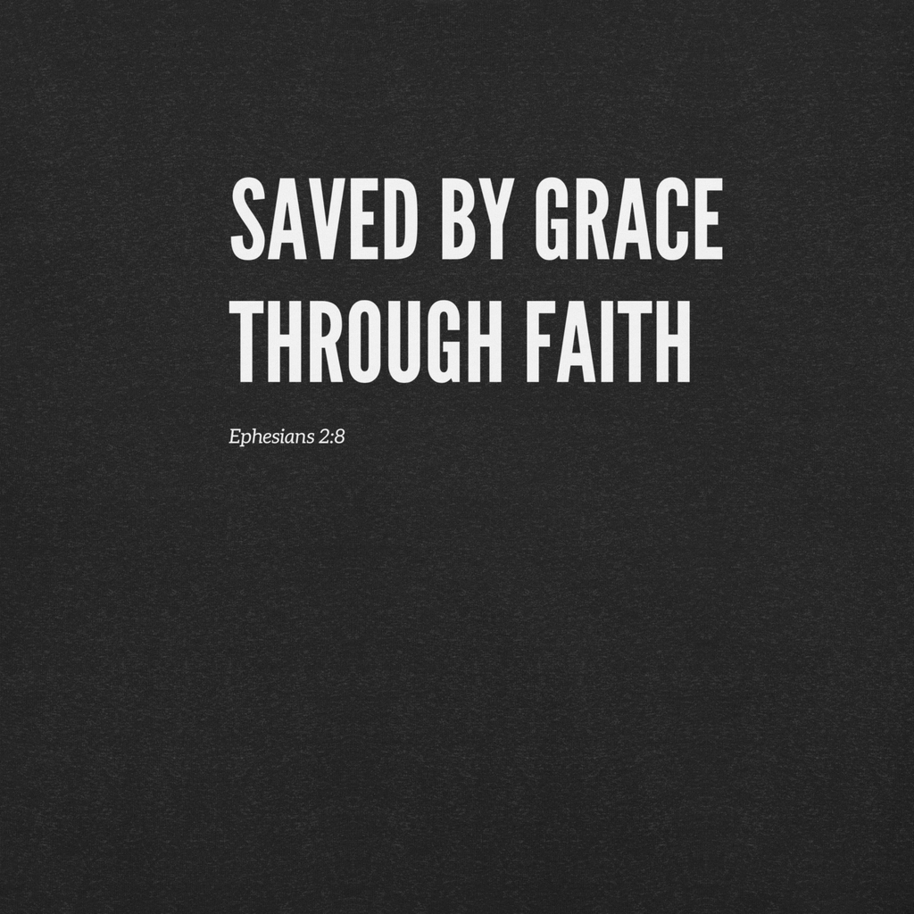 Logo stamp inside Black Heather 'Saved by Grace Through Faith' T-shirt, showing brand and care instructions