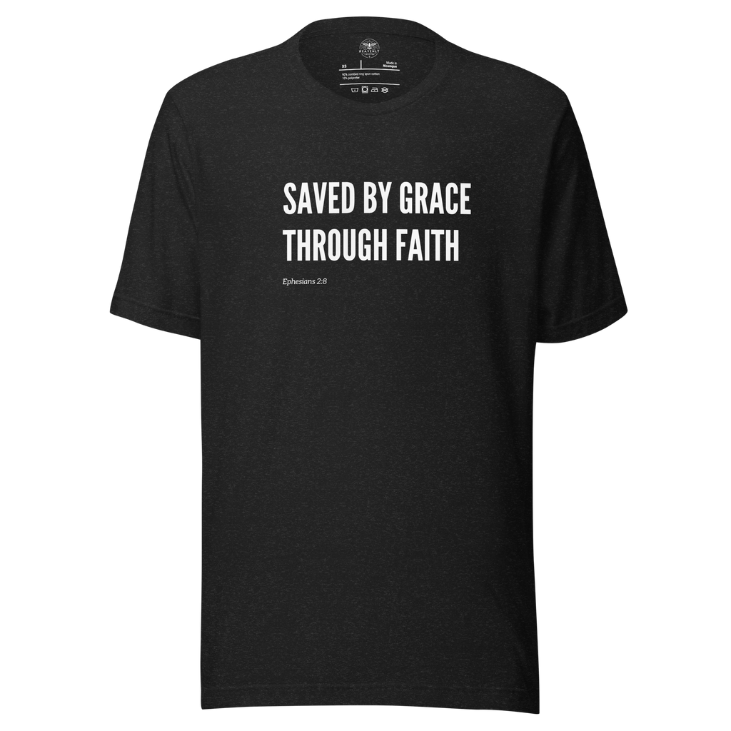 Front view of Black Heather T-shirt with 'Saved by Grace Through Faith' in white bold text.